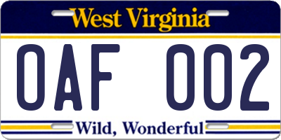 WV license plate OAF002