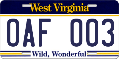 WV license plate OAF003