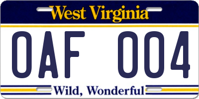 WV license plate OAF004