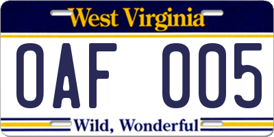WV license plate OAF005