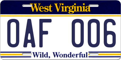 WV license plate OAF006