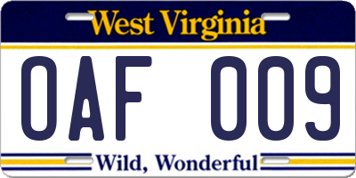 WV license plate OAF009