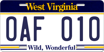 WV license plate OAF010
