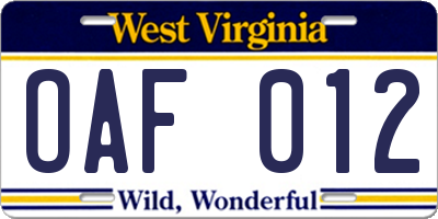 WV license plate OAF012
