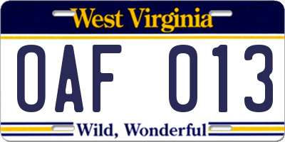 WV license plate OAF013