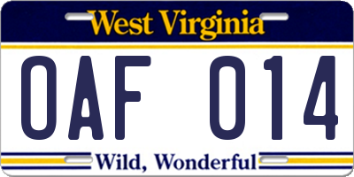 WV license plate OAF014