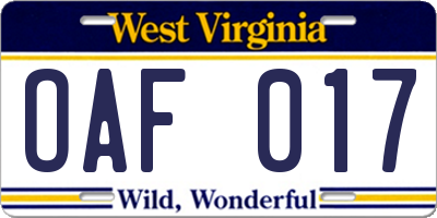 WV license plate OAF017