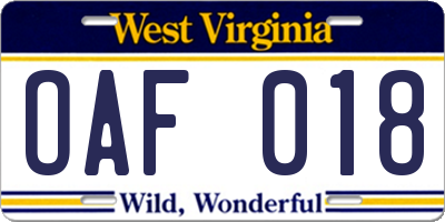 WV license plate OAF018