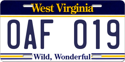 WV license plate OAF019