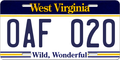 WV license plate OAF020