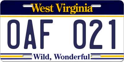 WV license plate OAF021
