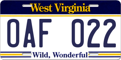 WV license plate OAF022
