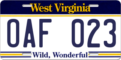 WV license plate OAF023