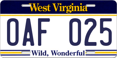 WV license plate OAF025