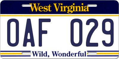 WV license plate OAF029