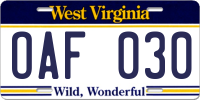 WV license plate OAF030