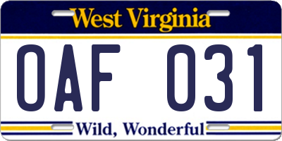 WV license plate OAF031