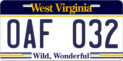WV license plate OAF032