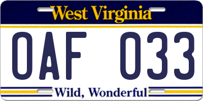 WV license plate OAF033