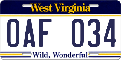 WV license plate OAF034