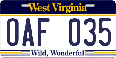 WV license plate OAF035