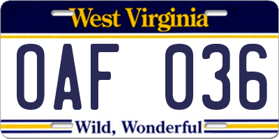 WV license plate OAF036