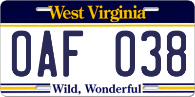 WV license plate OAF038