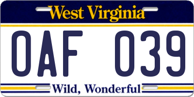 WV license plate OAF039