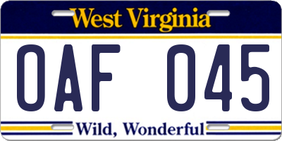 WV license plate OAF045