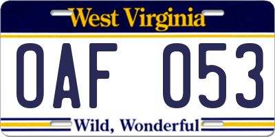 WV license plate OAF053