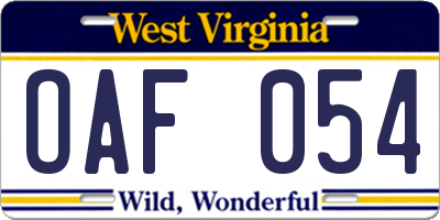 WV license plate OAF054