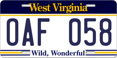 WV license plate OAF058