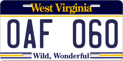 WV license plate OAF060