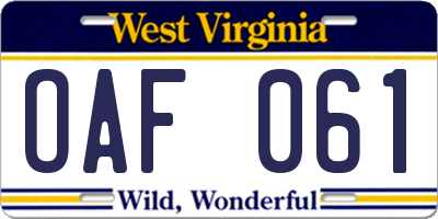 WV license plate OAF061