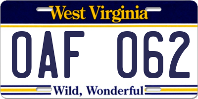 WV license plate OAF062