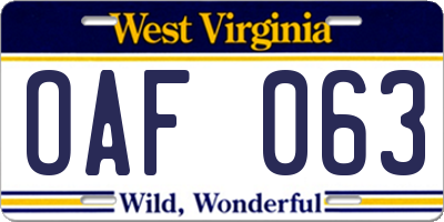 WV license plate OAF063
