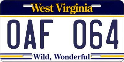 WV license plate OAF064