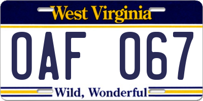 WV license plate OAF067