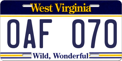 WV license plate OAF070
