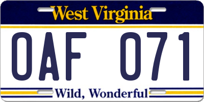 WV license plate OAF071