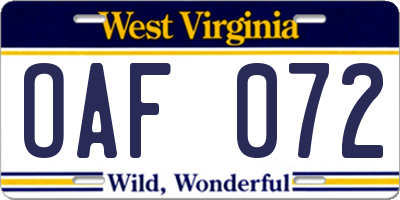 WV license plate OAF072