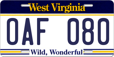 WV license plate OAF080