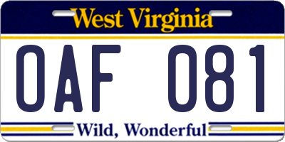 WV license plate OAF081