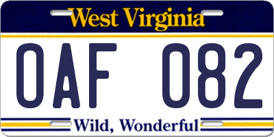 WV license plate OAF082