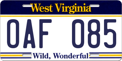 WV license plate OAF085