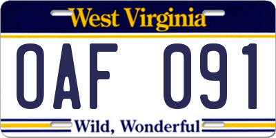 WV license plate OAF091