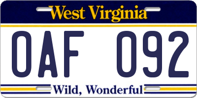 WV license plate OAF092