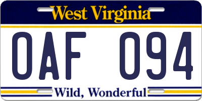 WV license plate OAF094