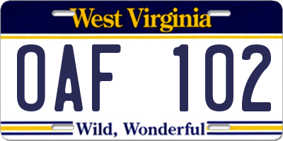 WV license plate OAF102