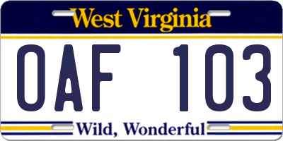 WV license plate OAF103
